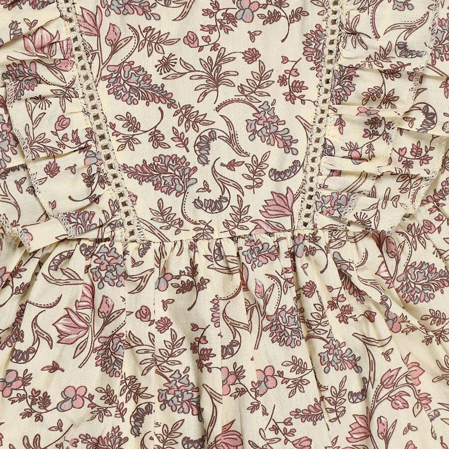 Infants' Beige Floral Printed Ruffle Fit and Flare Frock, Beige, large