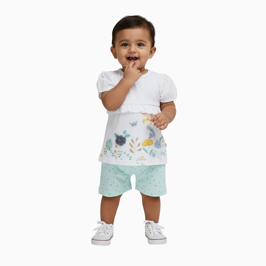 Infant Girl White Cotton Floral Top and Mint Green Shorts Set, एक्वा, large image number null