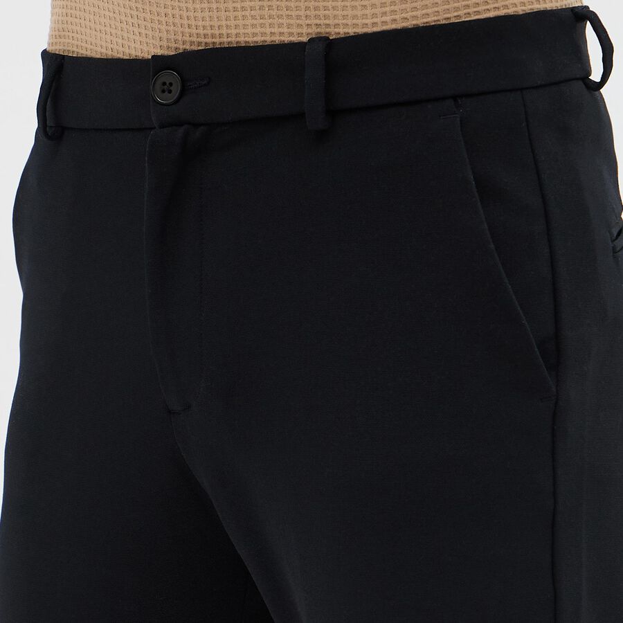Men's Jet Black Slim Fit Flat-Front Casual Trousers, नेवी ब्लू, large image number null