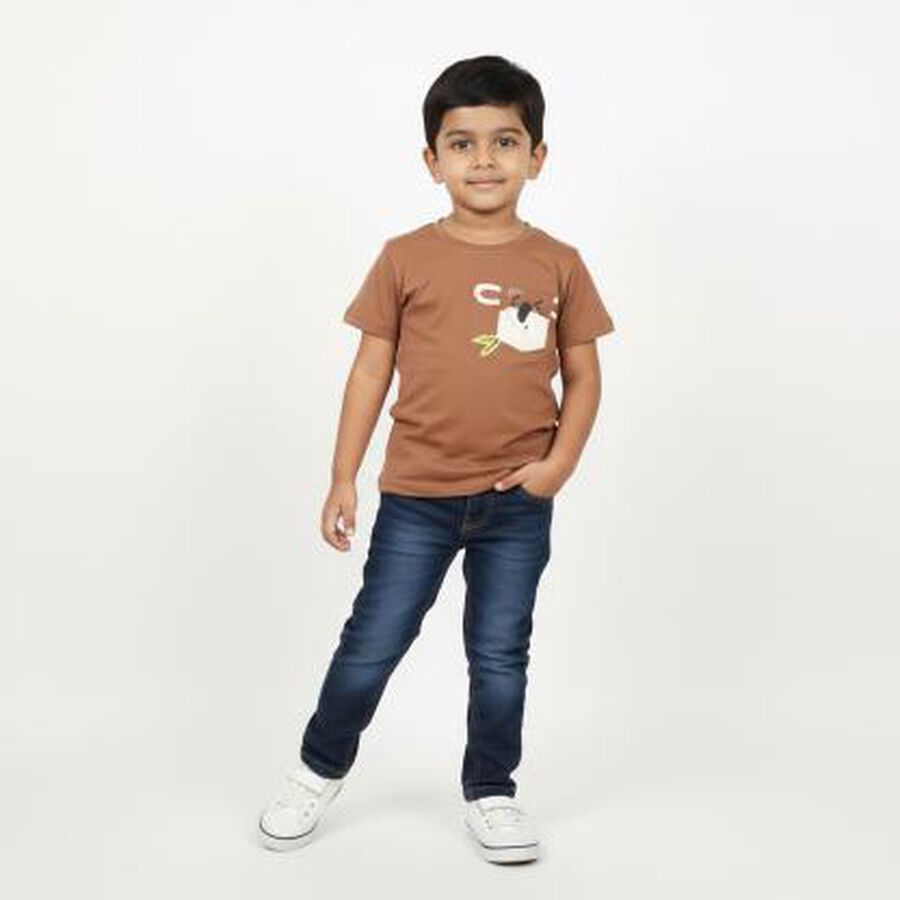 Boys Warm Brown Cotton Round Neck Casual T-Shirt, Brown, large image number null