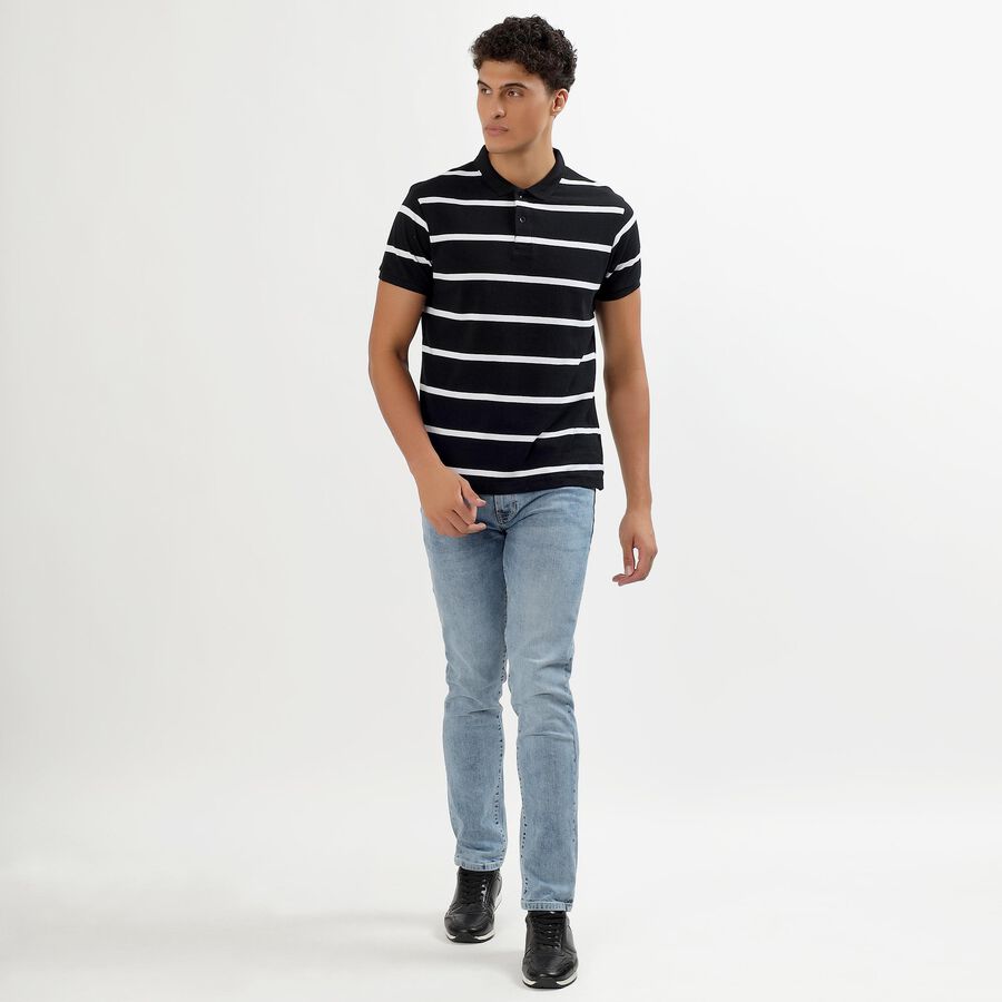 Men's Jet Black Polo Neck Striped T-Shirt, Black, large image number null