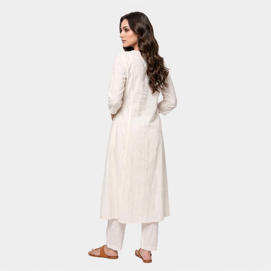 Women's Off White Cotton Notch Neck Embroidered Kurta, Off White, large