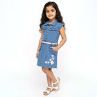Girls' Light Denim Blue Sleeveless Ruffle Floral Embroidered Frock, Mid Blue, small image number null