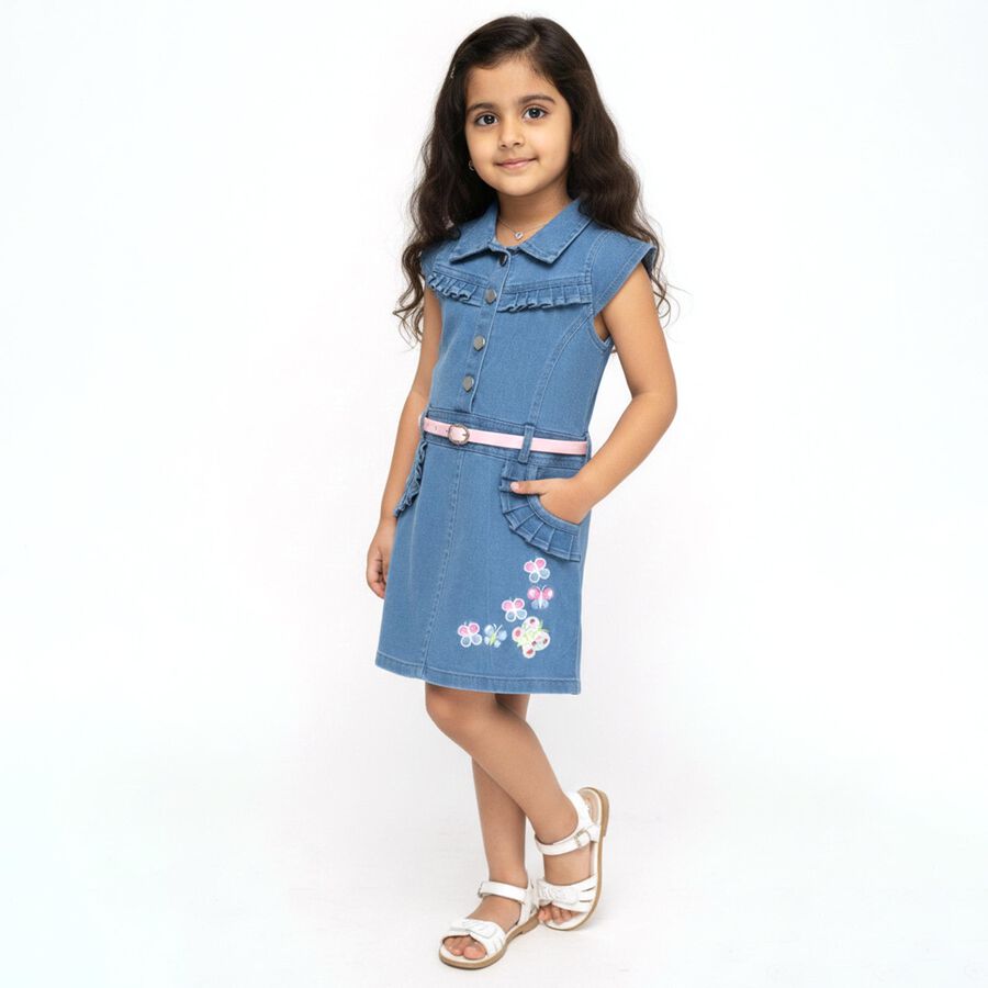 Girls' Light Denim Blue Sleeveless Ruffle Floral Embroidered Frock, Mid Blue, large image number null