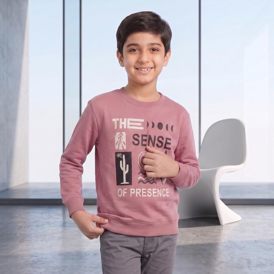 Boys' Pink Crew Neck Graphic Print Sweatshirt, गुलाबी, large