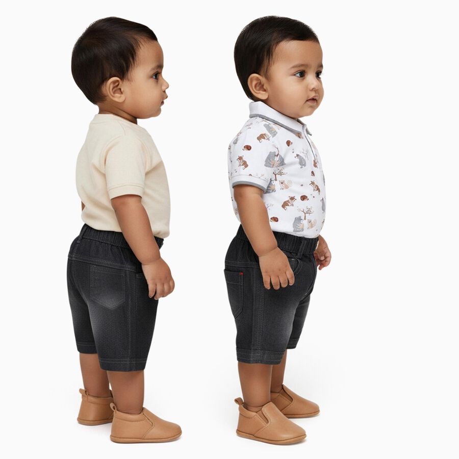 Infants' Beige Cotton Round Neck and Polo Neck Printed Baba Suit, Beige, large