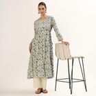 Women's Muted Teal and Beige Round Neck Floral Printed Kurta, Teal Blue, small image number null