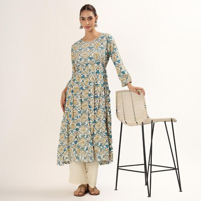 Women's Muted Teal and Beige Round Neck Floral Printed Kurta