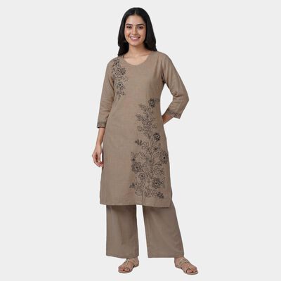 Women's Beige 100% Cotton Round Neck Straight Kurta