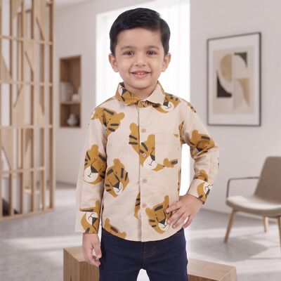 Boys Beige Cotton Long Sleeve Collar Shirt