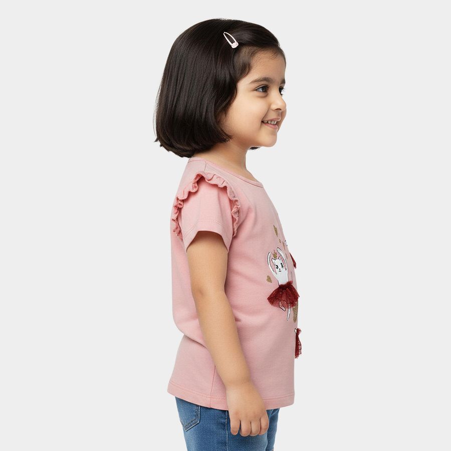 Girls' Pink Cotton Round Neck Ruffle Sleeve Printed T-Shirt, हल्का गुलाबी, large