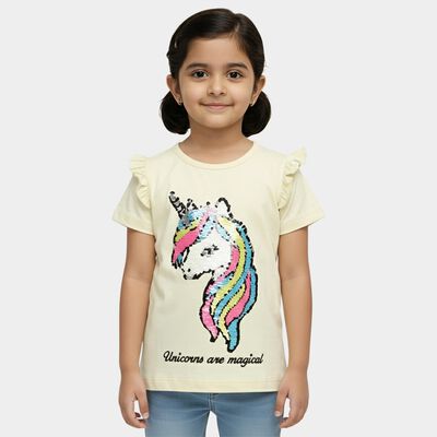 Girls Yellow Cotton Round Neck Casual T-Shirt