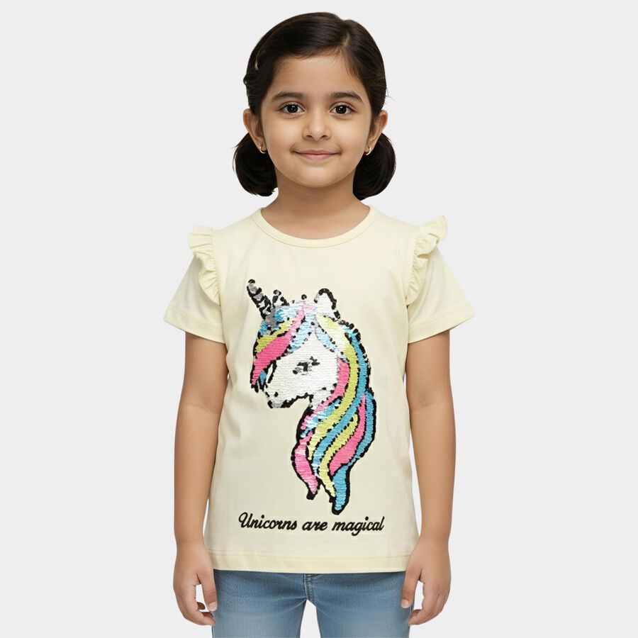 Girls Yellow Cotton Round Neck Casual T-Shirt, पीला, large