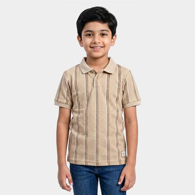 Boys Beige Polo Neck Striped Regular T-Shirt