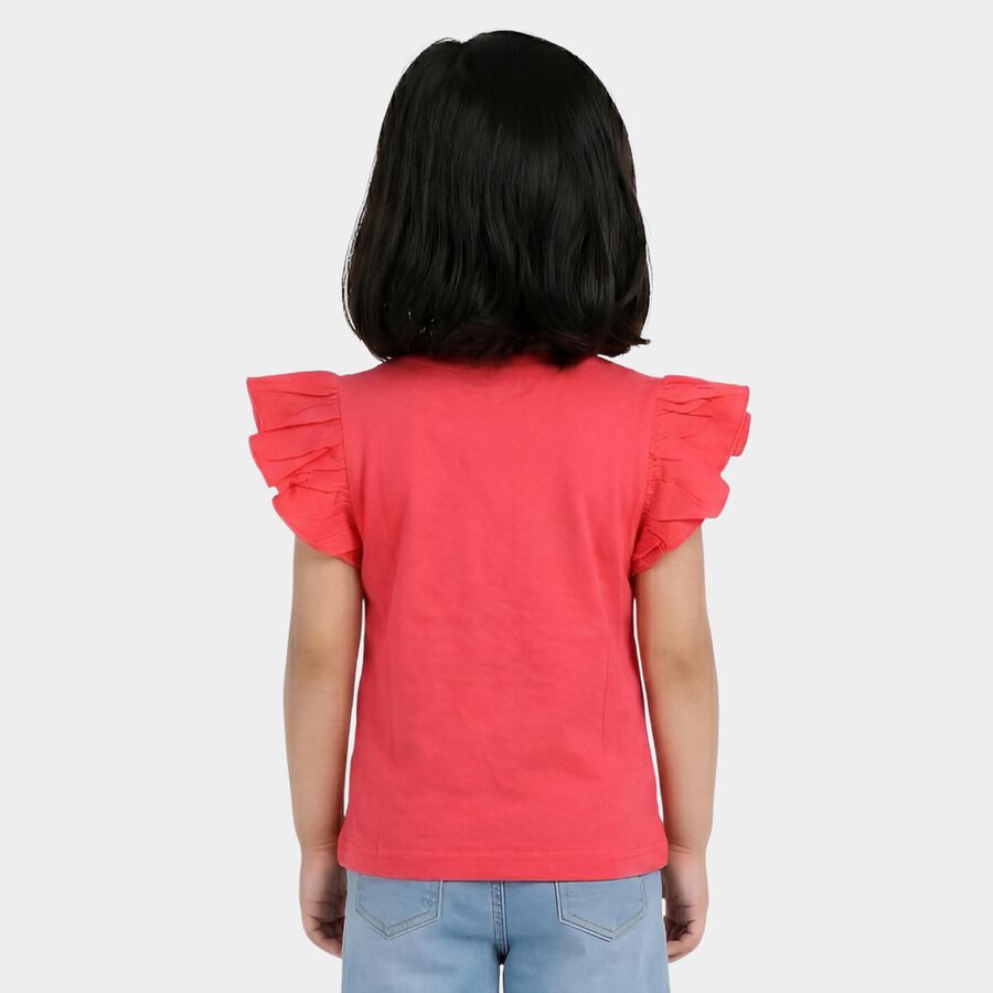 Girls' Pink Cotton Round Neck Casual T-Shirt, Pink, large