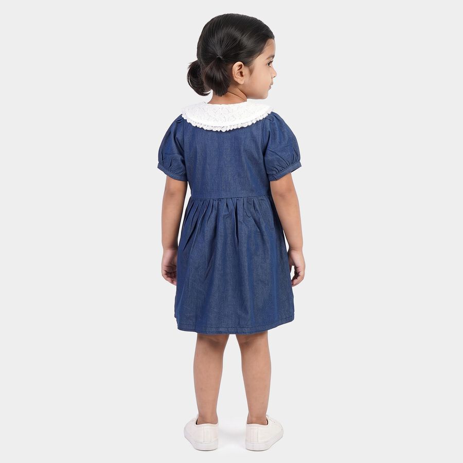 Girls' Blue Fit and Flare Lace Collar Frock, मध्यम नीला, large