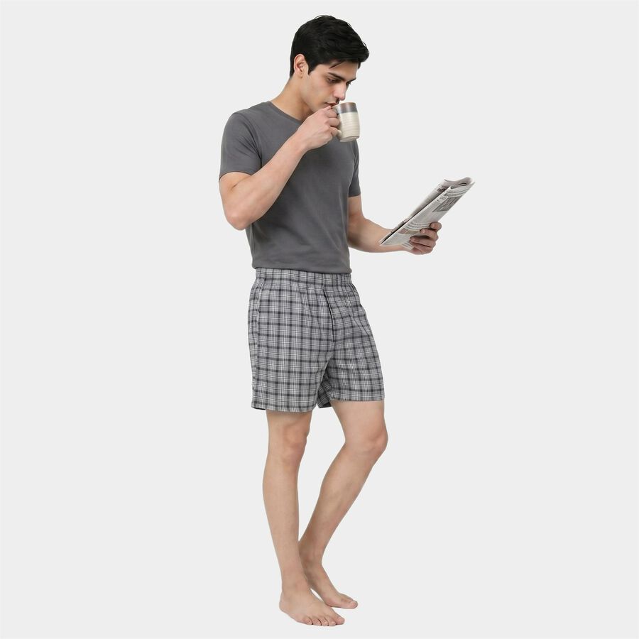Men's Grey Relaxed Fit Checked Boxers, गहरा ग्रे, large