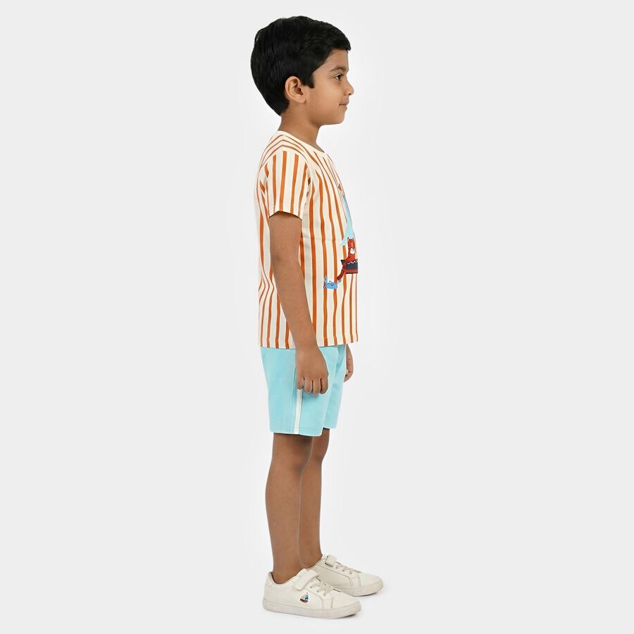 Boys' White Cotton Round Neck Striped Baba Suit, ऑफ व्हाइट, large