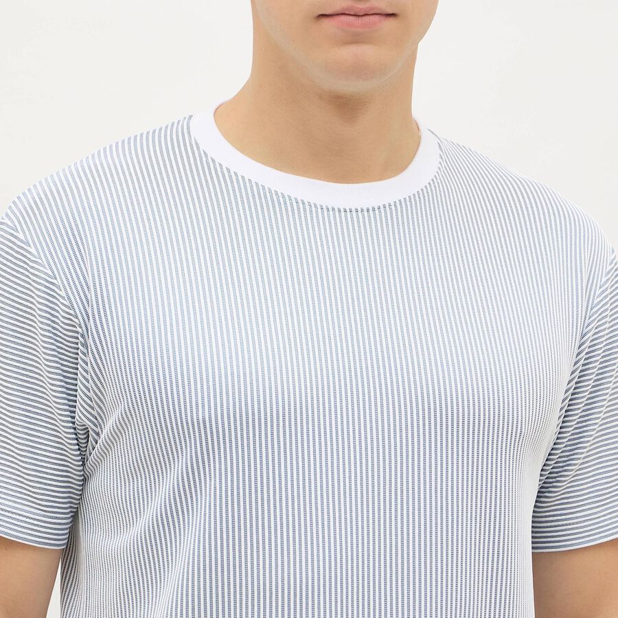 Men's Deep Blue Crew Neck Striped T-Shirt, गहरा नीला, large
