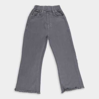 Girls' Stonewashed Grey Wide-Leg Frayed Jeans