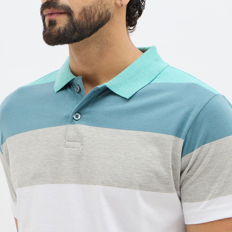 Men's Muted Teal and Grey Polo Collar Casual T-Shirt, Aqua, large image number null