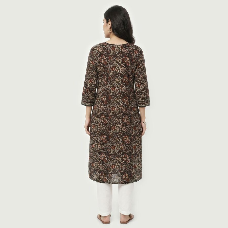 Women's Brown Cotton Round Neck Floral Printed Straight Kurta, Brown, large