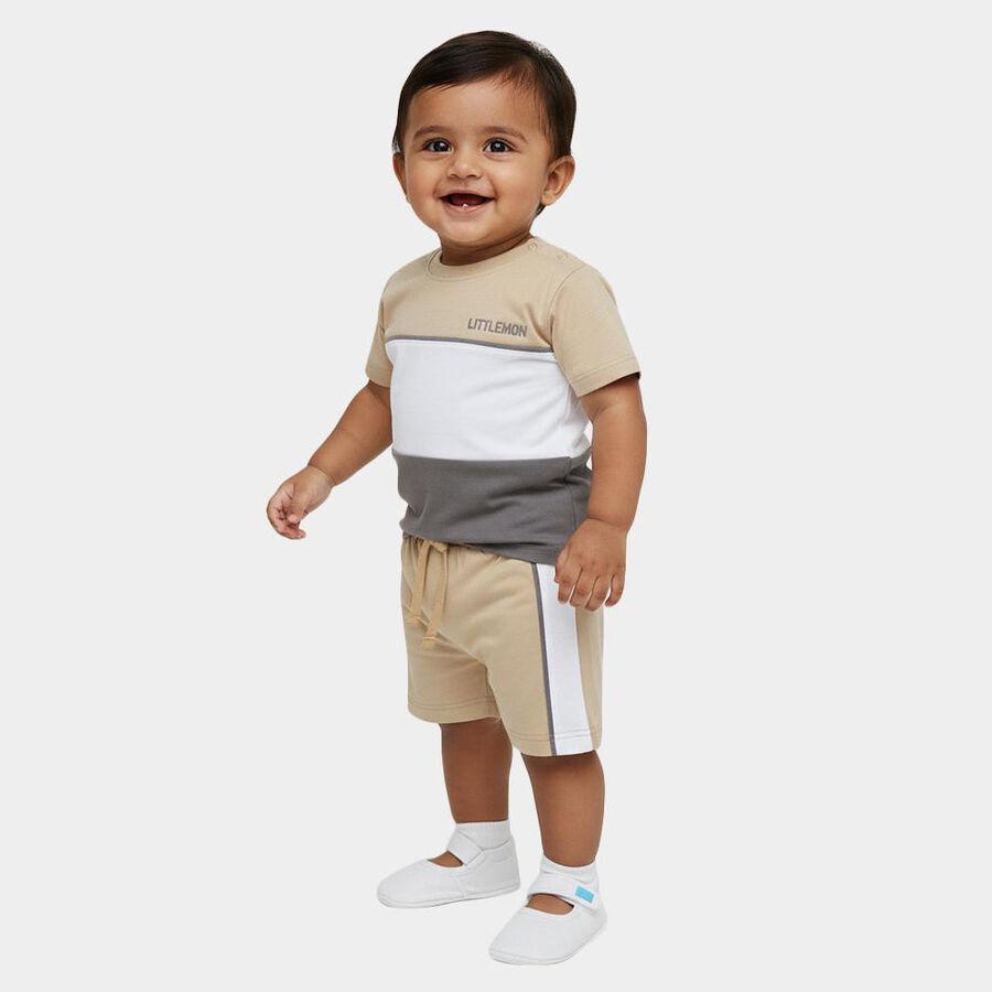 Infants' Beige Cotton Round Neck Printed Baba Suit, गहरा पीला, large