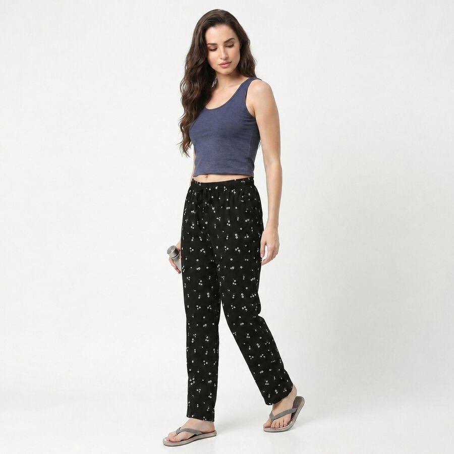 Women's Black Straight Fit Floral Printed Drawstring Pyjama, काला, large
