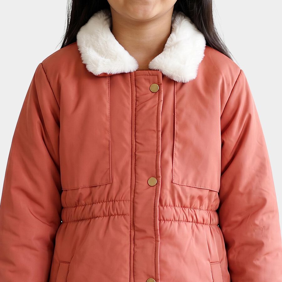 Girls' Pink Fur Collar Puffer Jacket, Pink, large
