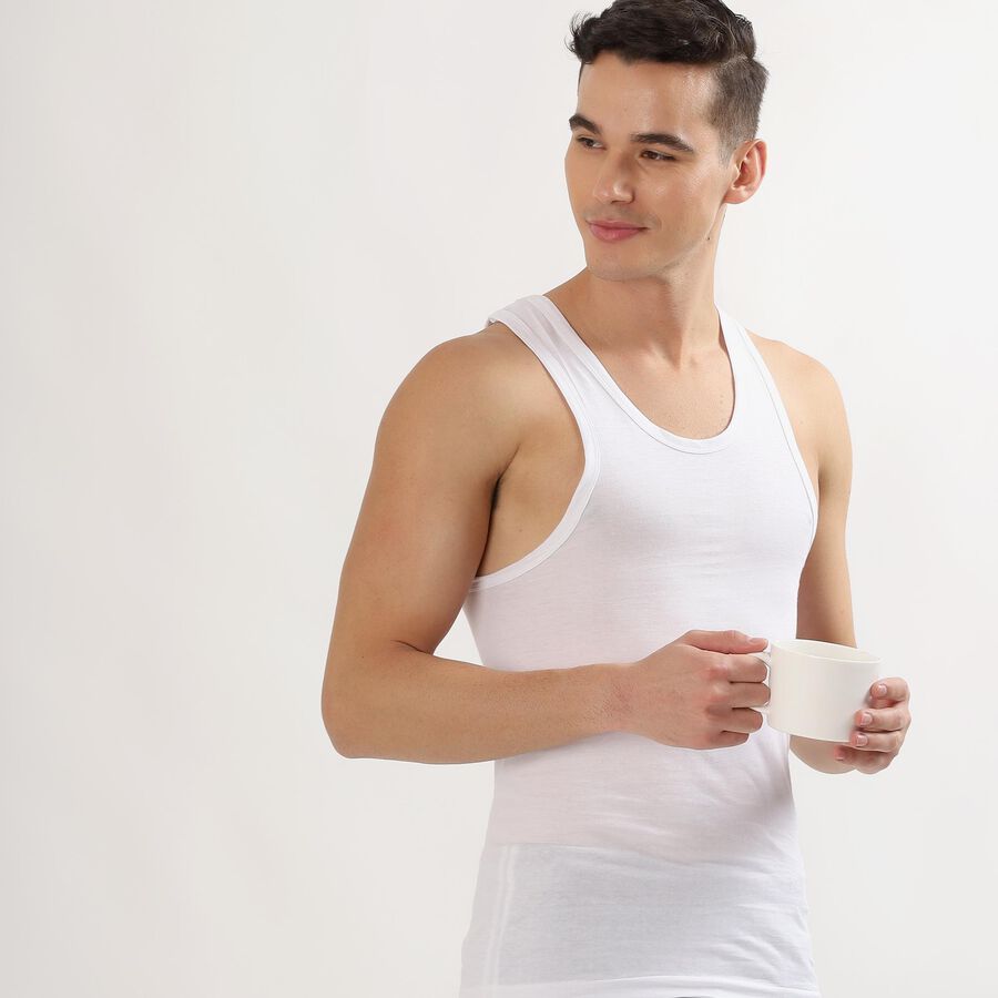 Men's Bright White Cotton Deep Neck Athleisure Vest, White, large image number null