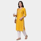 Women's Yellow Round Neck Embroidered Kurta, Yellow, small