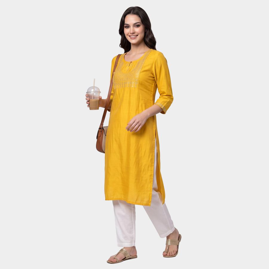 Women's Yellow Round Neck Embroidered Kurta, Yellow, large