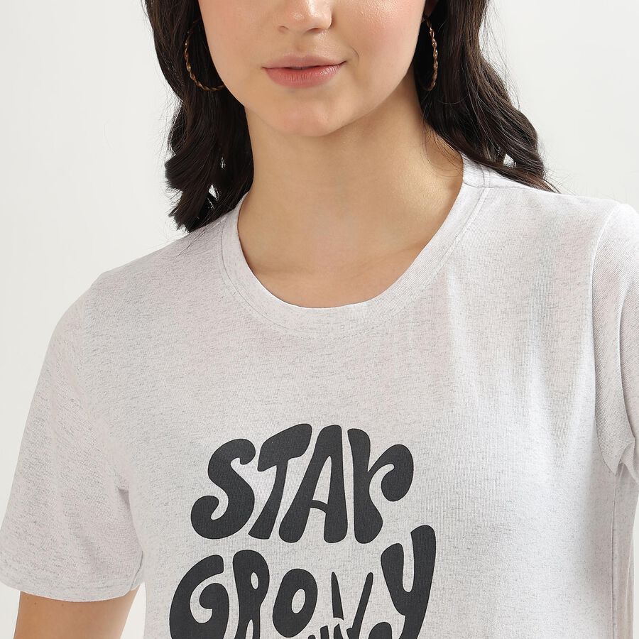 Women's Soft White Round Neck Graphic Print T-Shirt, Ecru Melange, large image number null