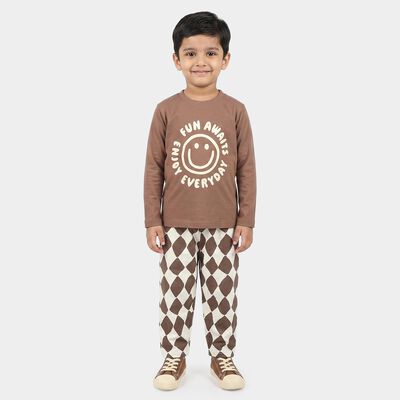 Boys Brown 100% Cotton Round Neck Graphic Print Baba Suit