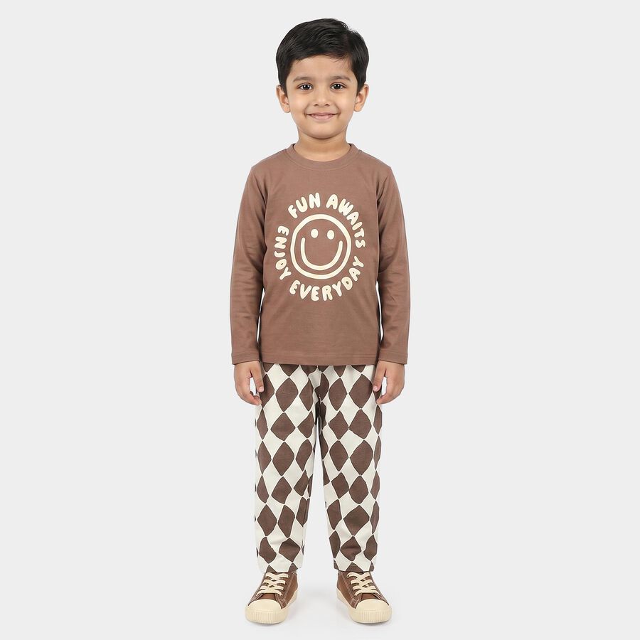Boys Brown 100% Cotton Round Neck Graphic Print Baba Suit, भूरा, large