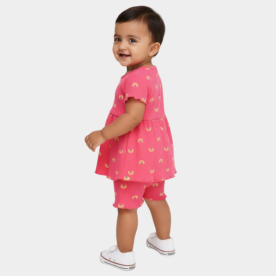 Infant Girl Bright Pink Cotton Round Neck Casual Shorts Set, Pink, large image number null