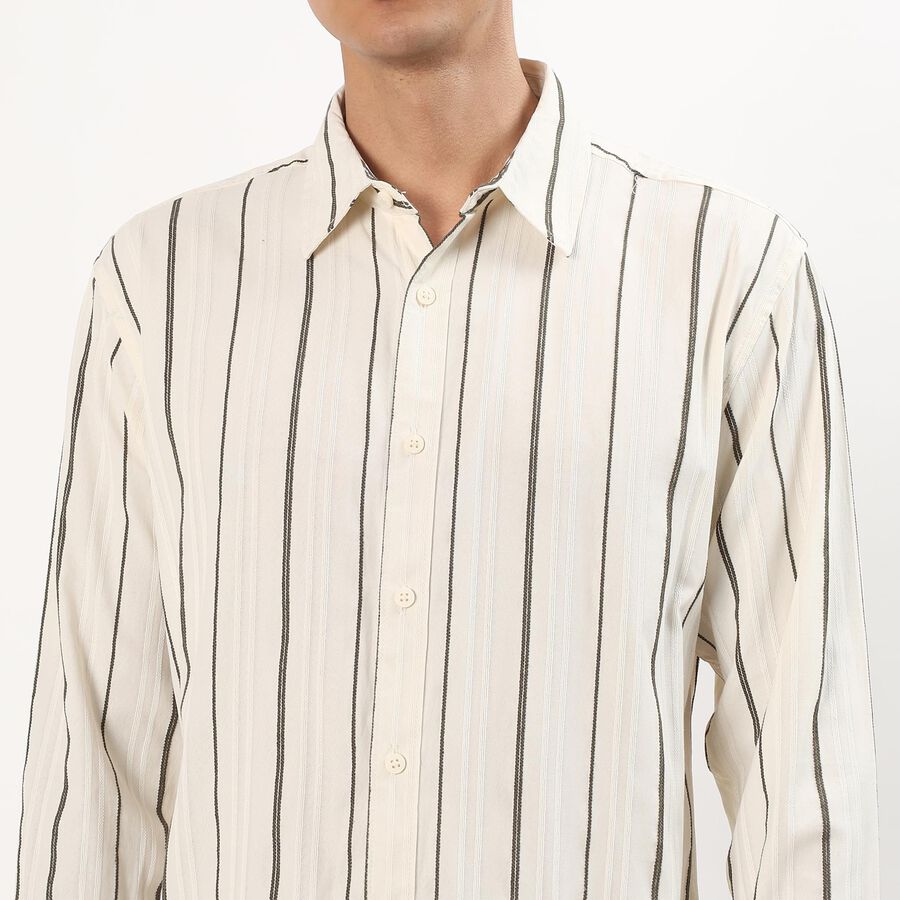 Men's Light Beige Cotton Full Sleeve Classic Collar Striped Shirt, Olive, large image number null