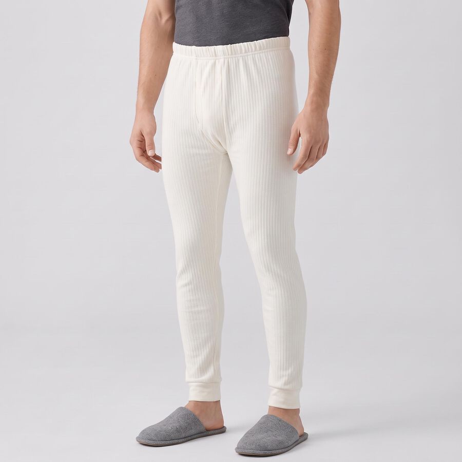 Men's Cream Ribbed Long Johns Thermal, ऑफ व्हाइट, large