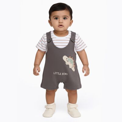 Infants' Grey Cotton Round Neck Dinosaur Applique Baba Suit