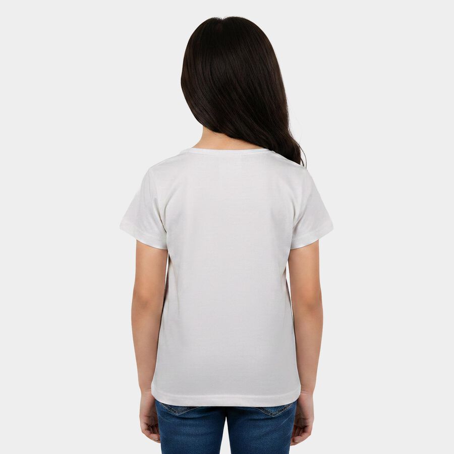 Girls White Round Neck Casual T-Shirt, सफ़ेद, large