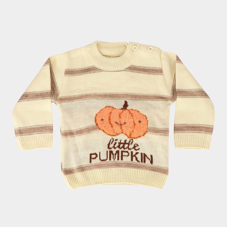 Infants' Beige Crew Neck Printed Pullover, गहरा पीला, large