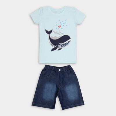 Boys' Aqua Cotton Round Neck Whale Printed Baba Suit