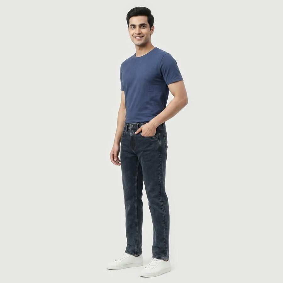 Men's Navy Blue Slim Fit Washed Jeans, Dark Blue, large