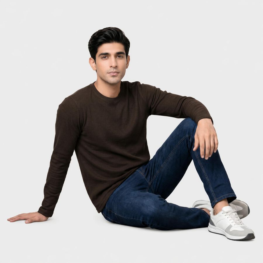 Men's Brown Round Neck Regular T-Shirt, भूरा, large