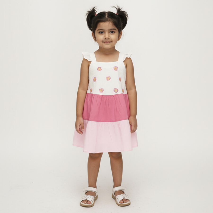 Girls' Pink and White Floral Printed Tiered Casual Frock, Light Pink, large image number null