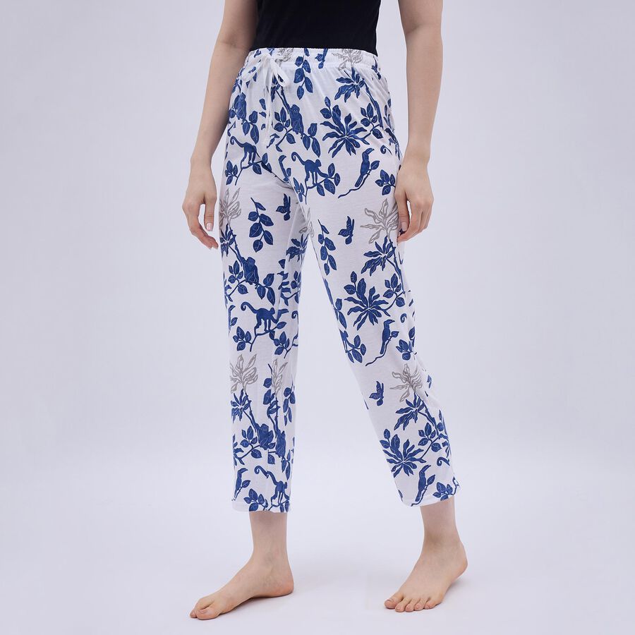 Women's Bright White Floral Printed Elastic Waist Pyjama, White, large image number null
