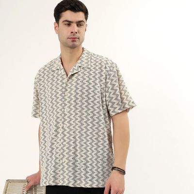 Men's Black and Beige Zigzag Printed Cuban Collar Casual Shirt