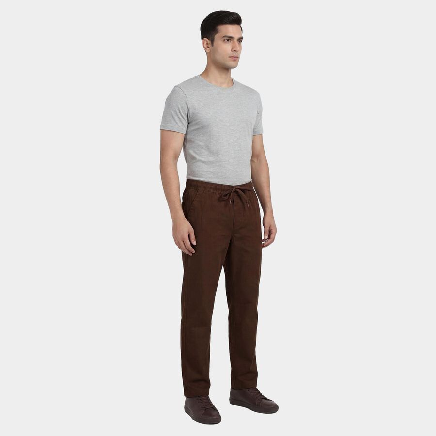 Men's Brown Slim Fit Flat-Front Trousers, भूरा, large