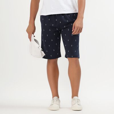 Men's Dark Navy Blue Relaxed Fit Anchor Printed Jamaican Shorts
