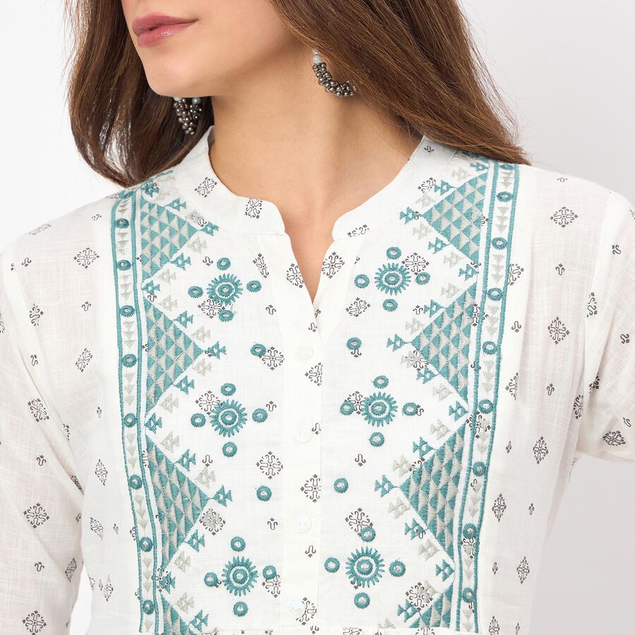 Women's White 100% Cotton Notch Neck Floral Printed Kurta, ऑफ व्हाइट, large